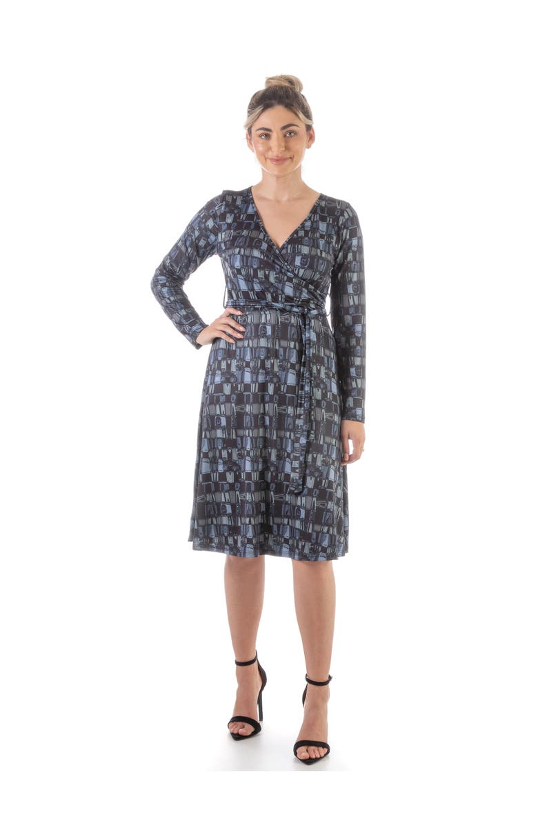 24seven Comfort Apparel Long Sleeve Knee Length Faux Wrap Dress, Main, color, Gray Multi