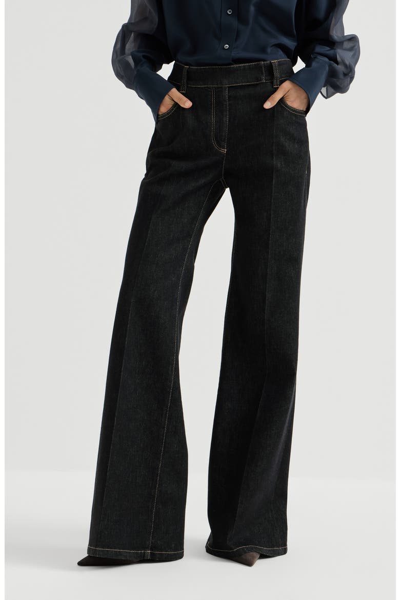 Comfort no-fade denim flared trousers with monili, Main, color, Black