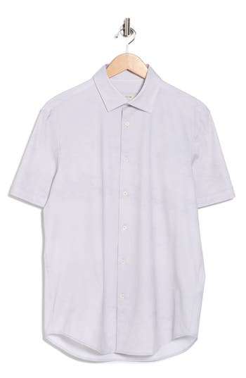 Bugatchi Miles Short Sleeve 8-way Stretch Ooohcotton® Button-up Shirt In Silver