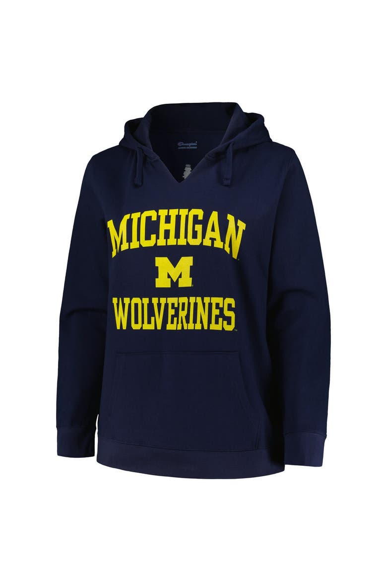 Women's Champion Navy Michigan Wolverines Plus Size Heart & Soul Notch Neck Pullover, Alternate, color, Navy