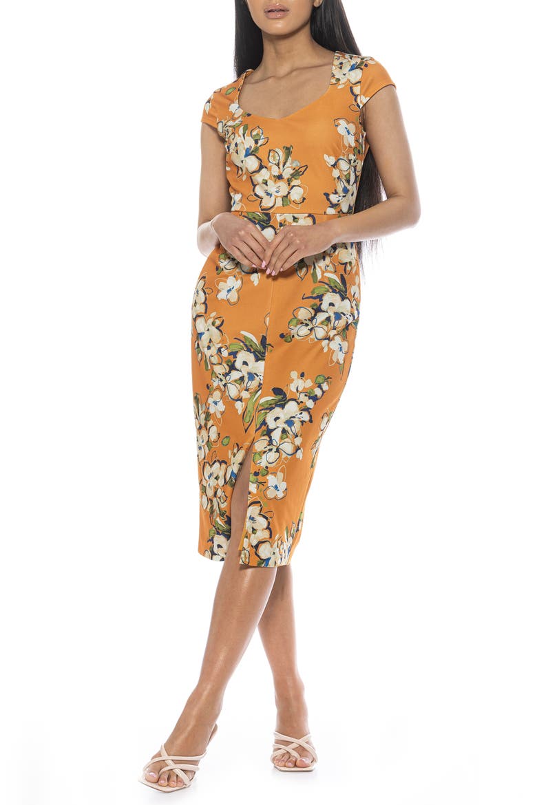 Gia Sweetheart Neck Sheath Midi Dress, Main, color, MUSTARD MULTI