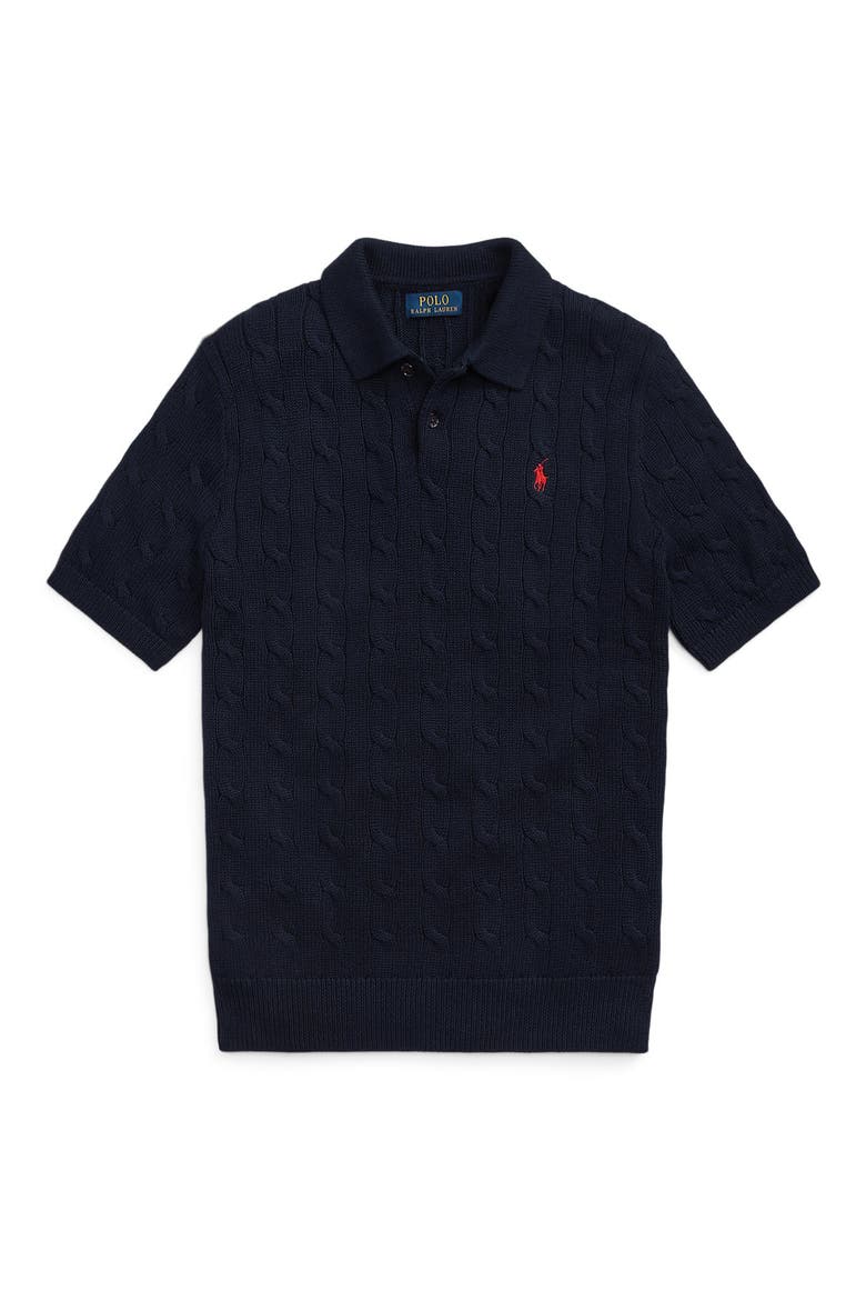 Cable-Knit Cotton Polo Sweater, Alternate, color, HUNTER NAVY