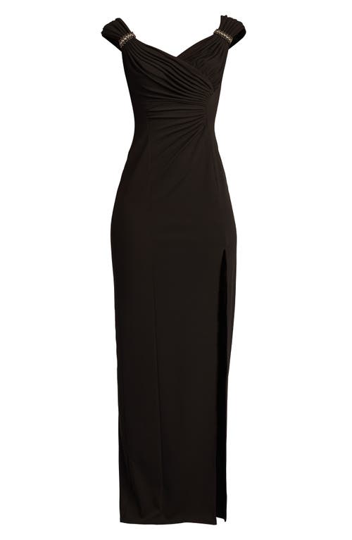 Sho By Tadashi Shoji Embellished Shoulder Ruched Body-con Gown In Black