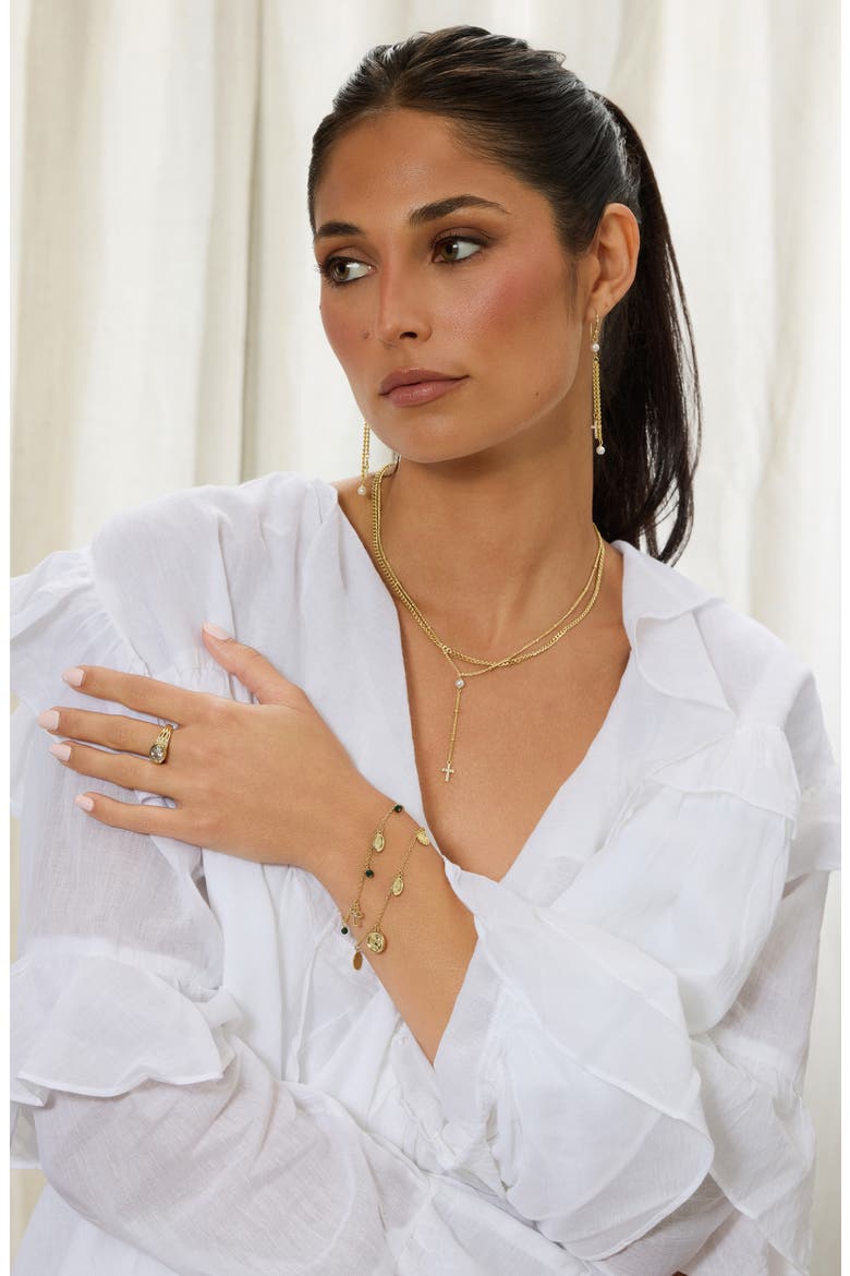 Medallion & Cubic Zirconia Cross Beaded Charm Bracelet, Alternate, color, GOLD