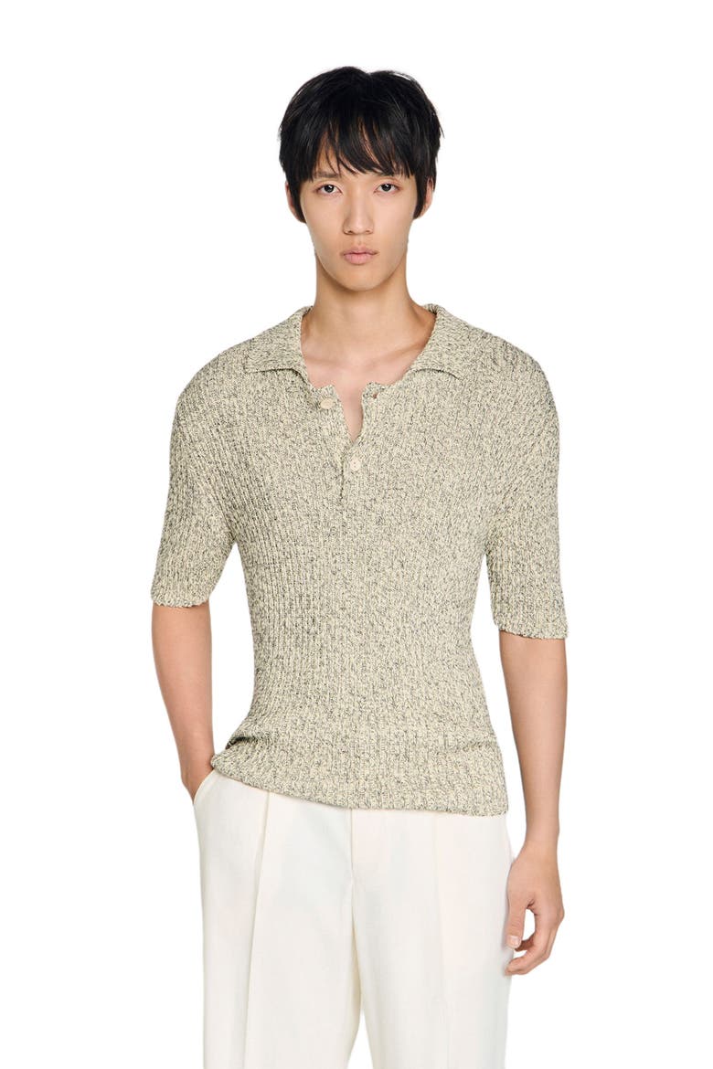 Marl cotton knit polo shirt, Main, color, White / black