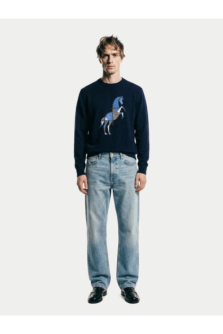 Cashmere Horse Intarsia Sweater, Alternate, color, navy