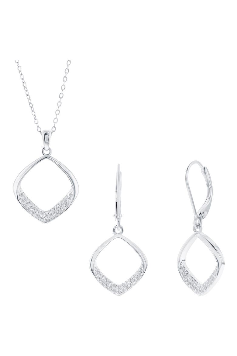 Pavé Cubic Zirconia Cushion Drop Earrings & Pendant Necklace Set, Main, color, SILVER