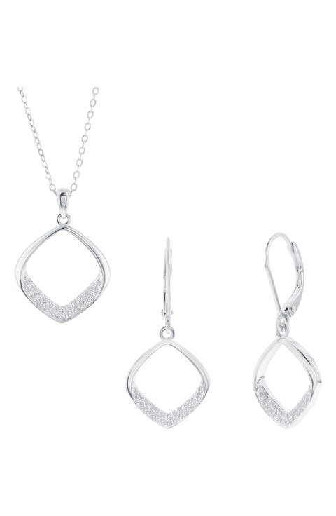 Pavé Cubic Zirconia Cushion Drop Earrings & Pendant Necklace Set