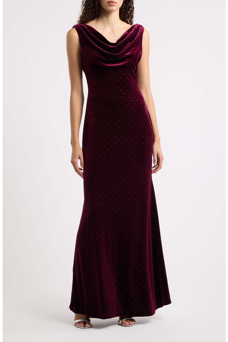 Diamante Detail Cowl Neck Velvet Gown, Main, color, WINE
