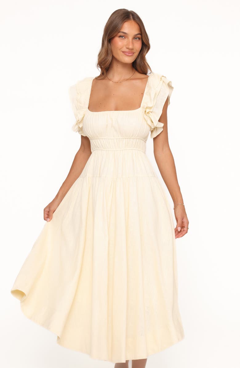 Petal & Pup Linda Ruffle Sleeve Midi Dress, Alternate, color, Butter Yellow