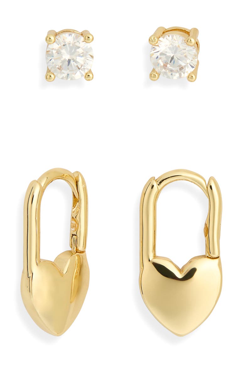 2-Pair Cubic Zirconia Stud & Heart Lock Earrings Set, Alternate, color, CLEAR- GOLD