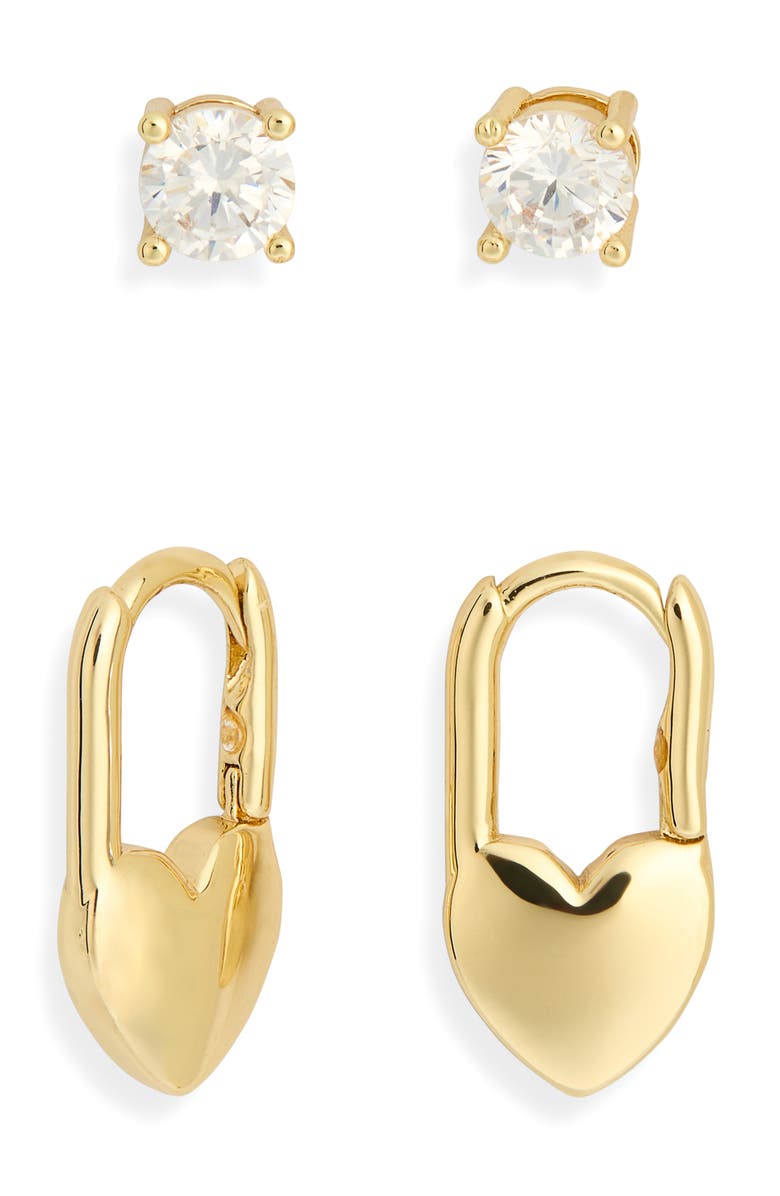Leith 2-Pair Cubic Zirconia Stud & Heart Lock Earrings Set, Alternate, color, Clear- Gold
