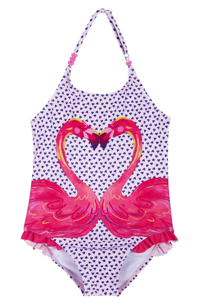 Andy & Evan Kids' Flamingo Ruffle One-Piece Swimsuit, Main, color, Pink Flamingo
