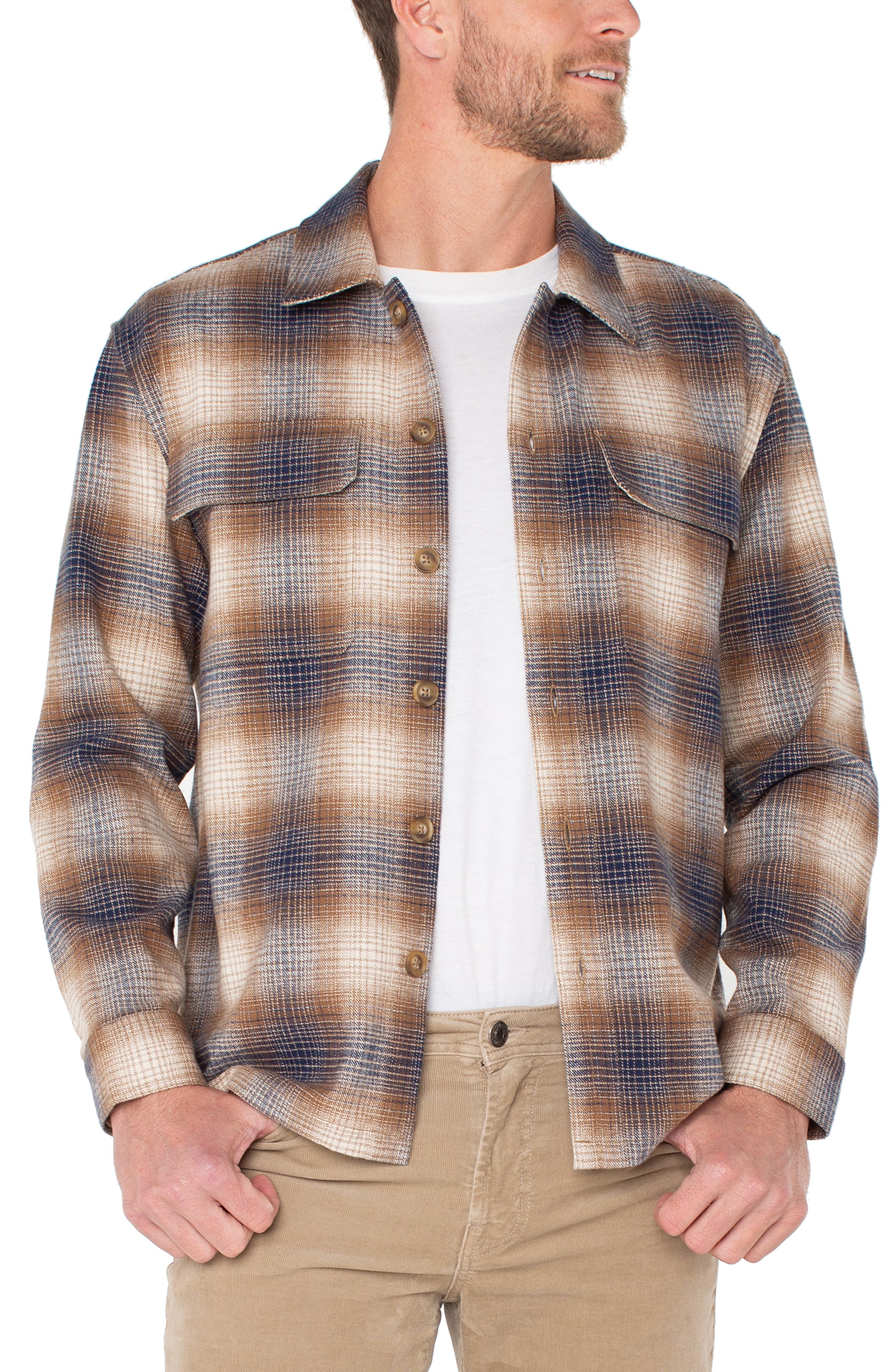 Liverpool Plaid Flannel Overshirt in Chestnut/Ivory 