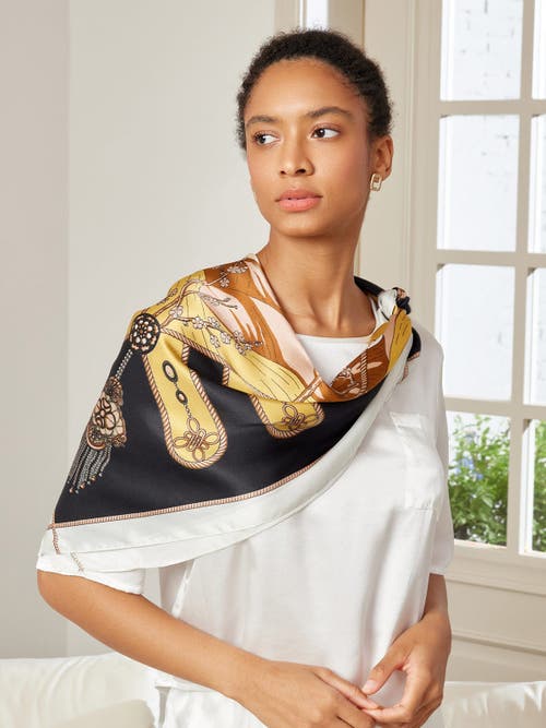 Silksilky 100% Mulberry Silk Printed Square Shawl Scarf In Black