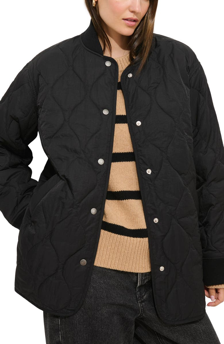 Alex Mill Wembley Quilted Bomber Jacket with Removable Faux Shearling Collar, Main, color, Black
