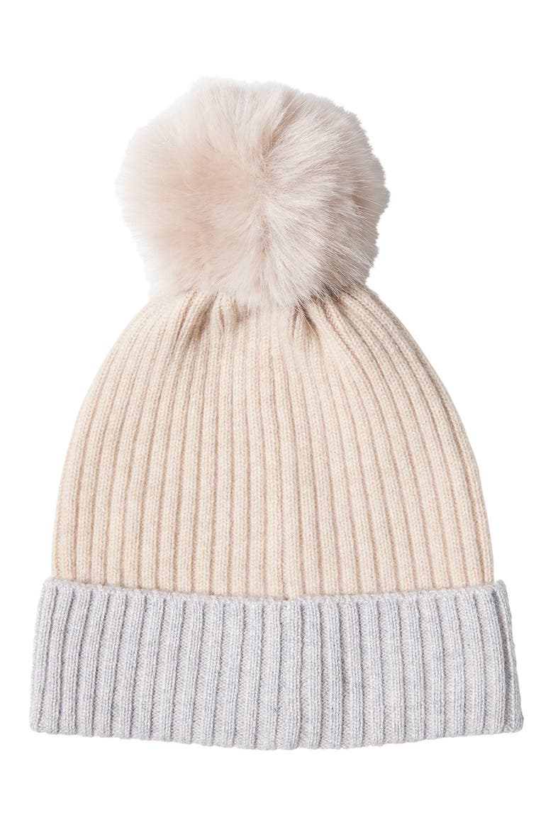 Ribbed Cashmere Knit Beanie with Faux Fur Pompom, Main, color, OATMEAL/ GREY