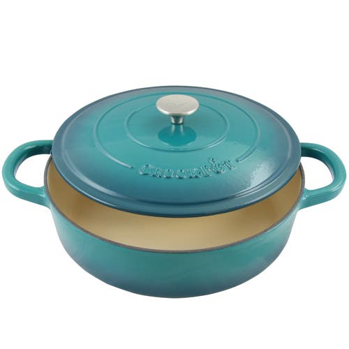 Crock-pot Artisan Enameled Cast Iron 5 Quart Round Braiser Pan With Self Basting Lid In Teal Ombre In Green