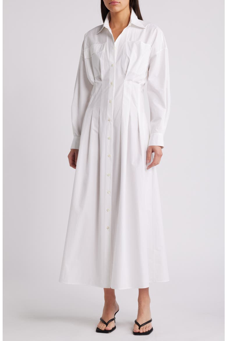 Nipped Long Sleeve Twill Maxi Dress, Main, color, WHITE