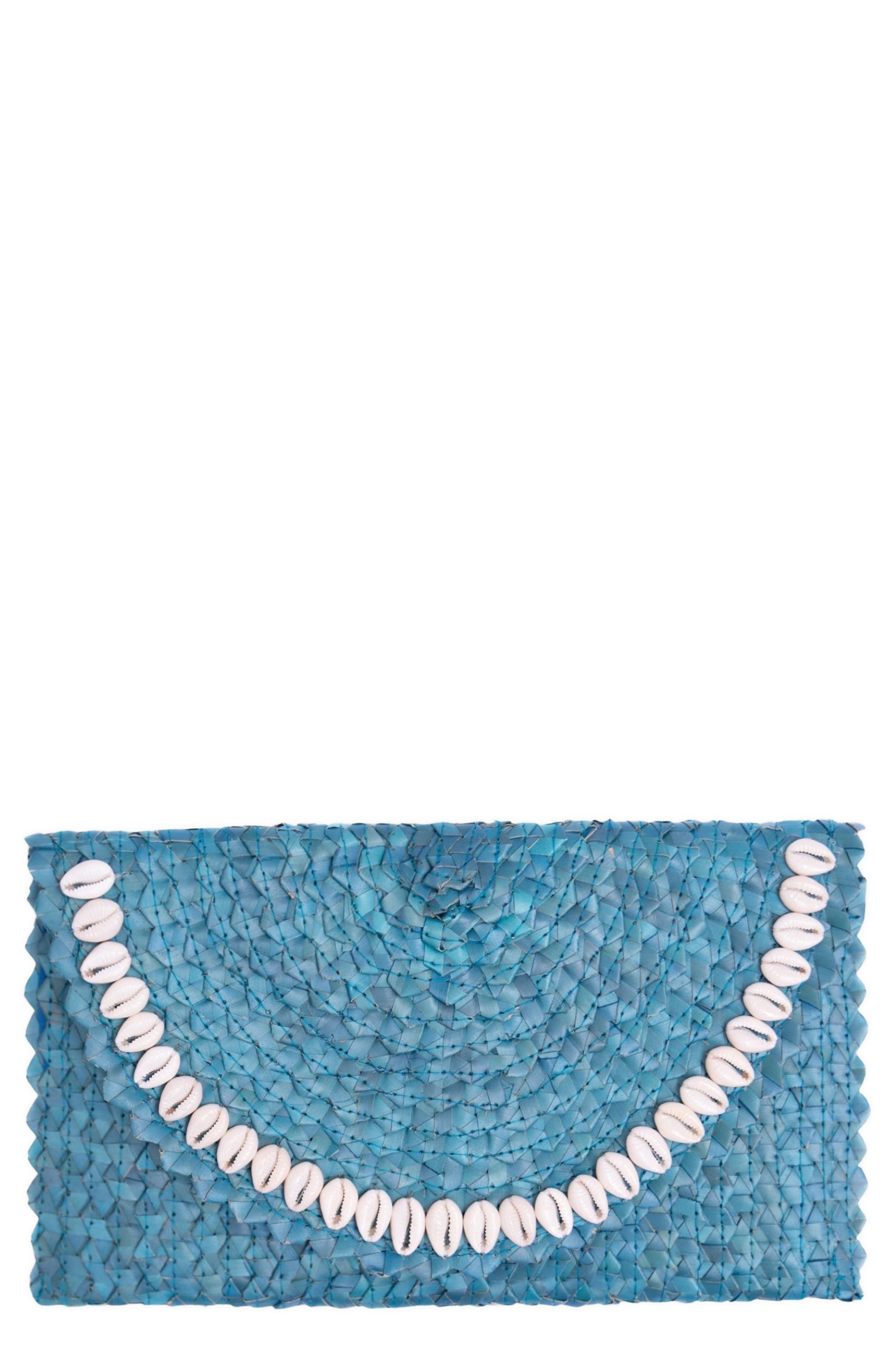 Jelavu Coco Seashell Trim Raffia Clutch, Main, color, Turquoise