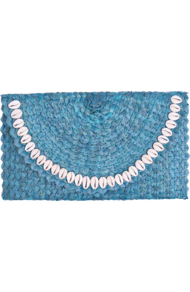 Jelavu Coco Seashell Trim Raffia Clutch, Main, color, Turquoise