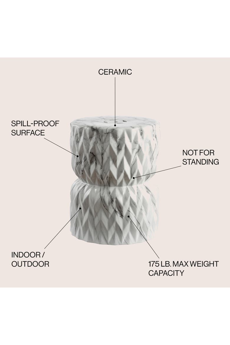 Chevron Drum Traditional Marble Finish Ceramic Drum Garden Stool, Pierced Indoor/Outdoor Patio Seat & Side Table, Alternate, color, White Marble Finish