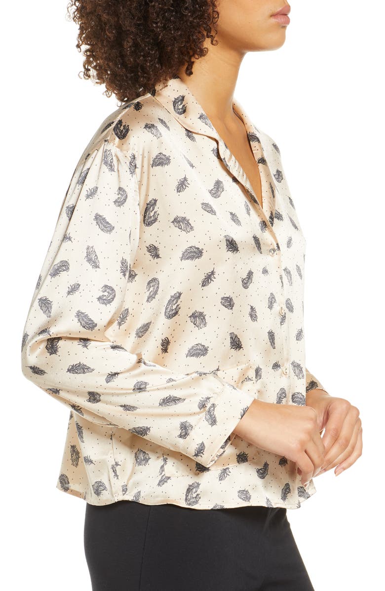 Topshop Feather Print Satin Pajama Top, Alternate, color, 