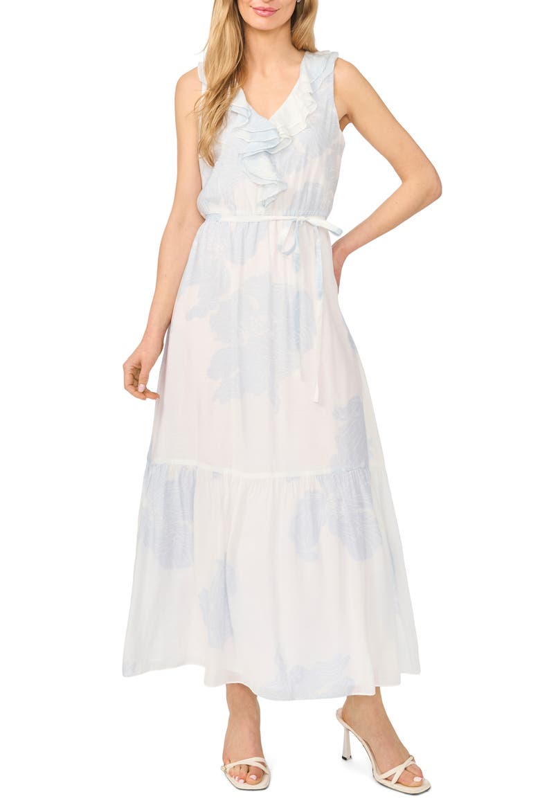 Ruffle Metallic Tie Waist Sleeveless Maxi Dress, Main, color, BLUE MULTI