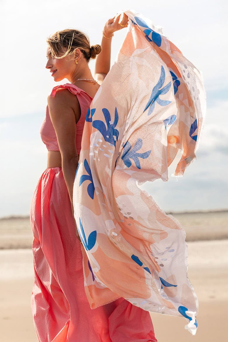 Printed Foil Scarf Botanical Print, Alternate, color, CORAL