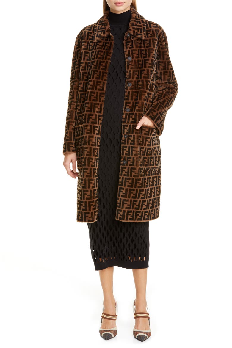 Reversible FF Logo Genuine Shearling Coat, Main, color, BLACK/ BROWN