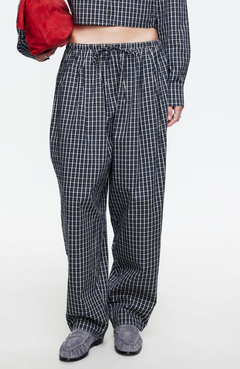 LIONESS Aura Plaid Drawstring Pants, Main, color, Navy Lemon Plaid
