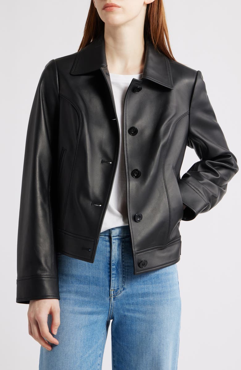 Michael Kors Short Leather Jacket, Alternate, color, Black
