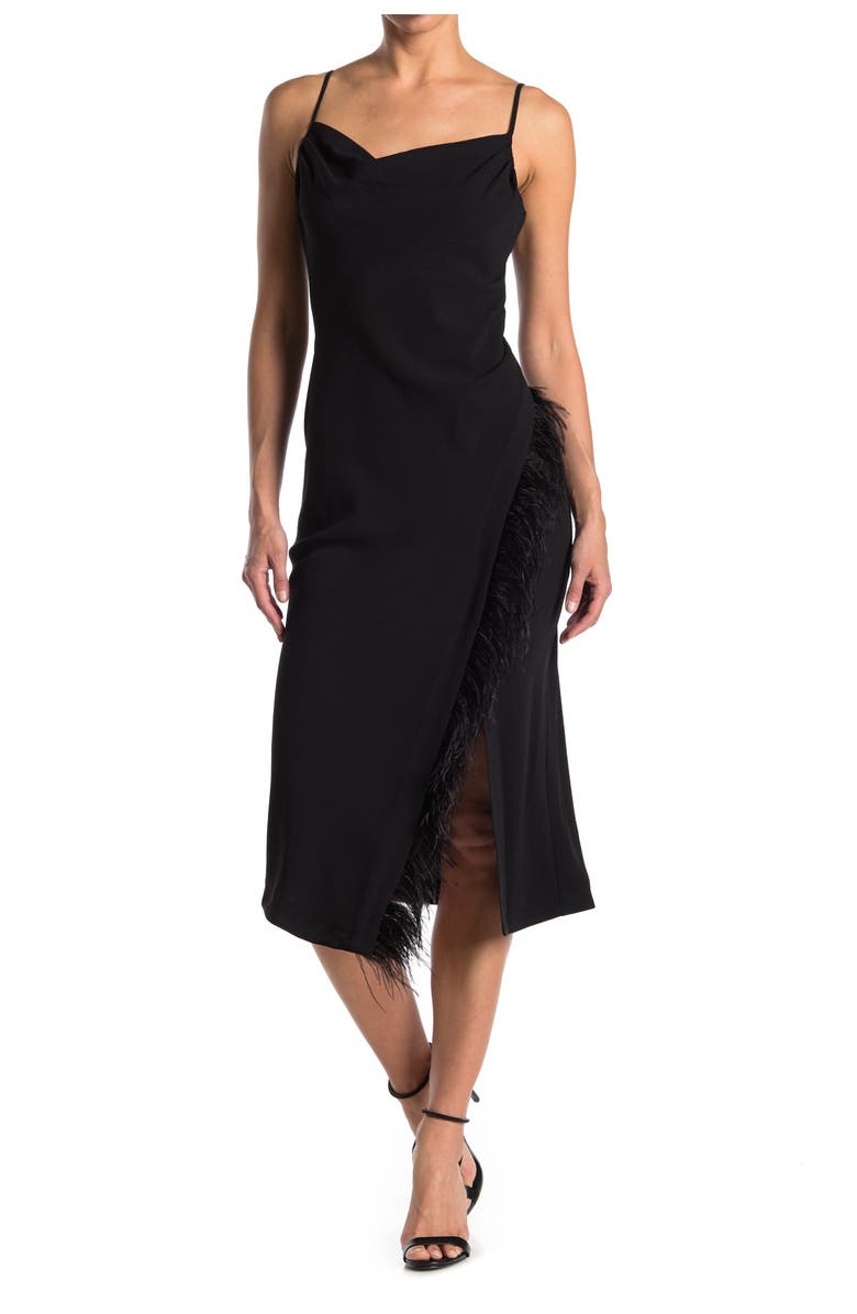 Derek Lam 10 Crosby Nellie Cowl Neck Feather Hem Trim Midi Dress, Main, color, 