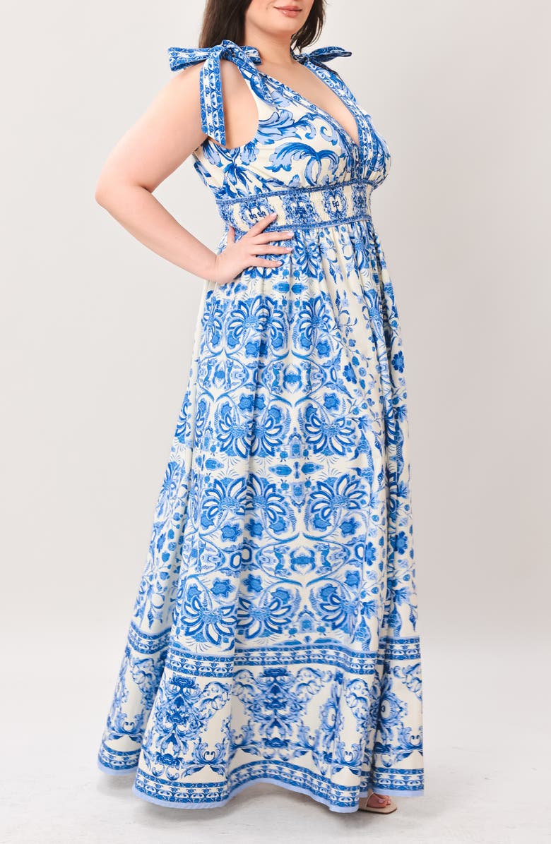 FLYING TOMATO Tie Strap Smocked Waist Cotton Maxi Dress, Alternate, color, Ivory Blue