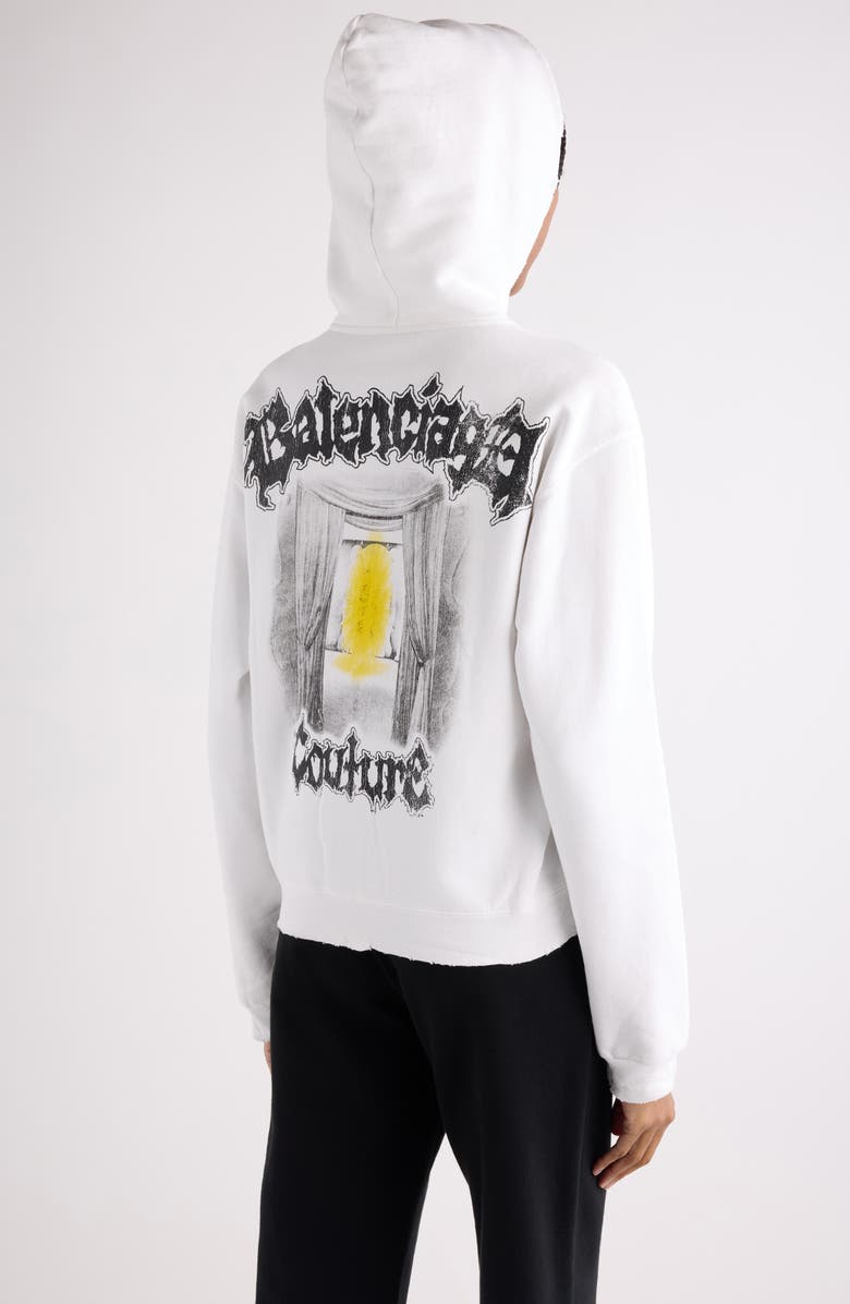Balenciaga Medium Fit Salon de Couture Distressed Full Zip Fleece Graphic Hoodie, Alternate, color, 9000 White