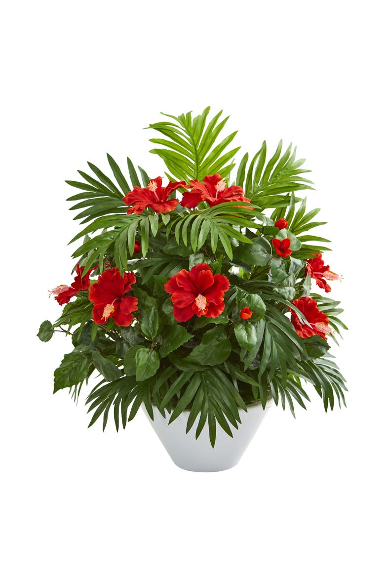 Hibiscus and Areca Palm Artificial Plant in White Bowl, Main, color, Red