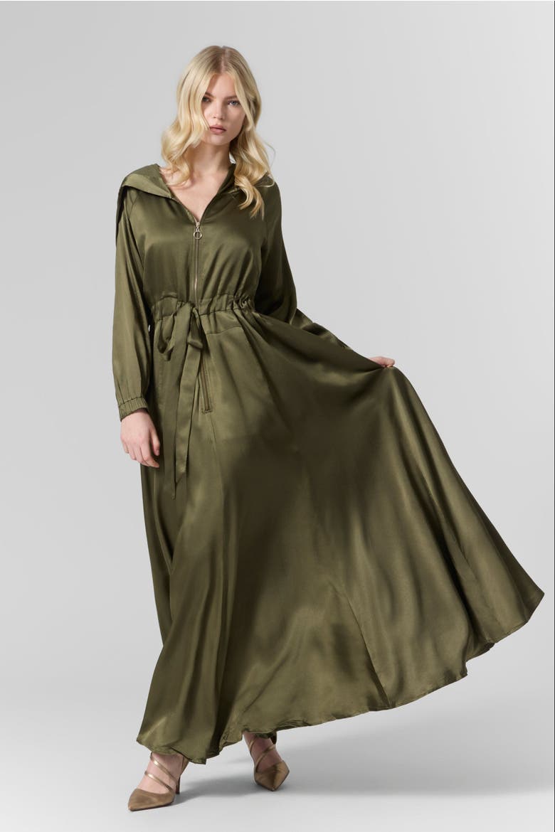 Silk Hooded Maxi Dress, Alternate, color, Olive Green