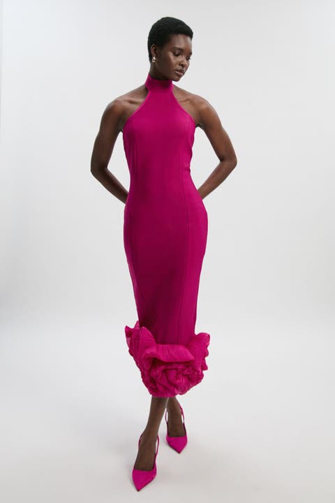 Ruffle Hem Halter Knit Midi Dress