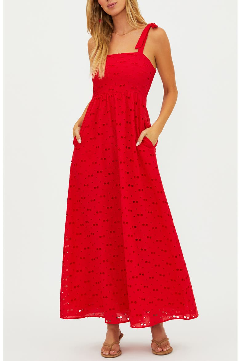 Eyelet Tie Shoulder Midi Dress, Main, color, CHERRY EYELET