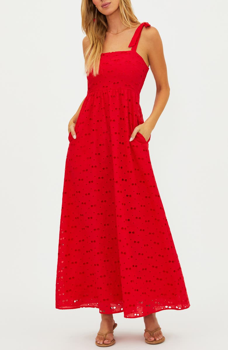 Beach Riot Charlotte Eyelet Tie Shoulder Midi Dress, Main, color, Cherry Eyelet
