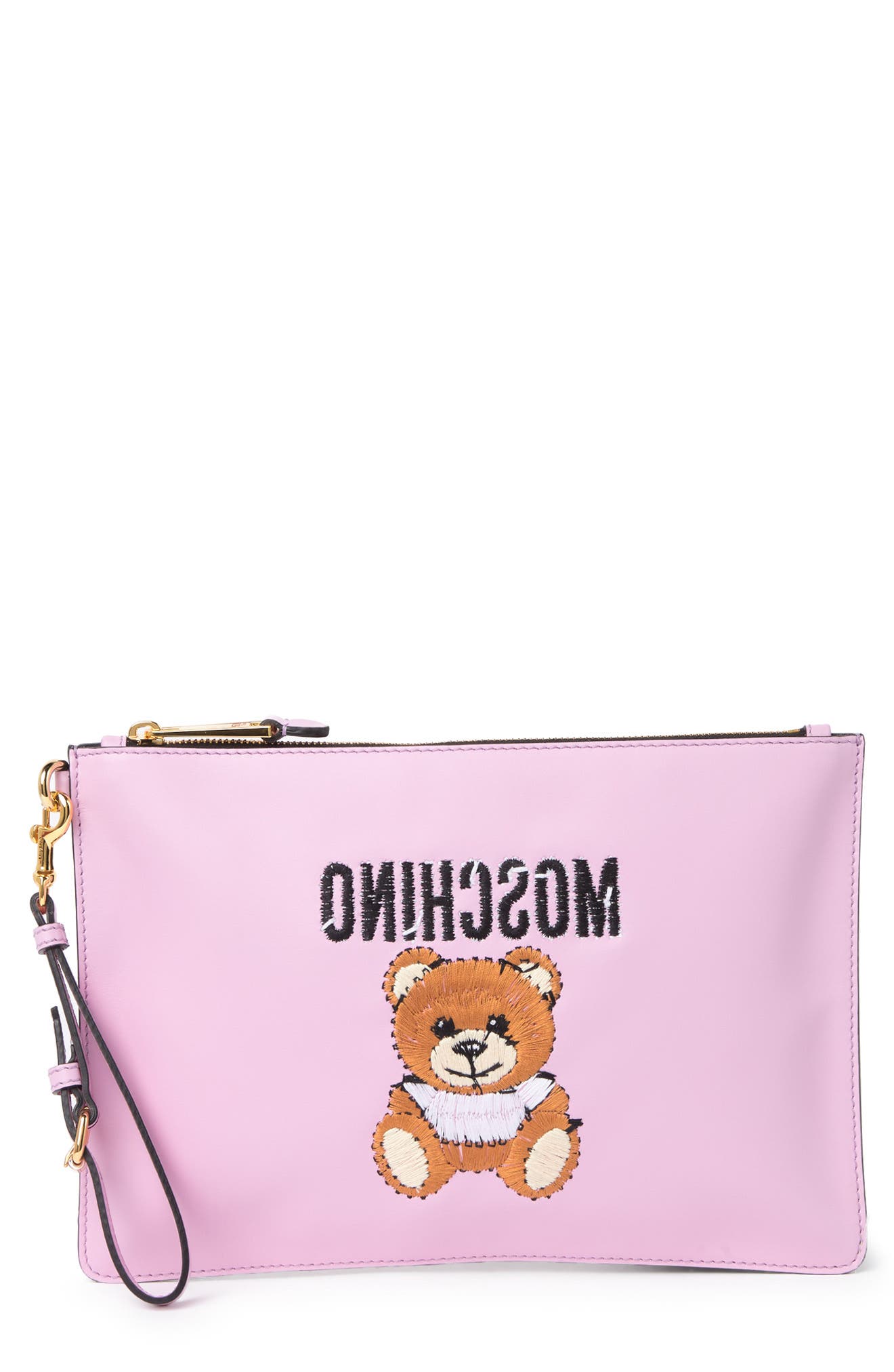 Moschino Embroidered Teddy Zip Pouch, Main, color, 
