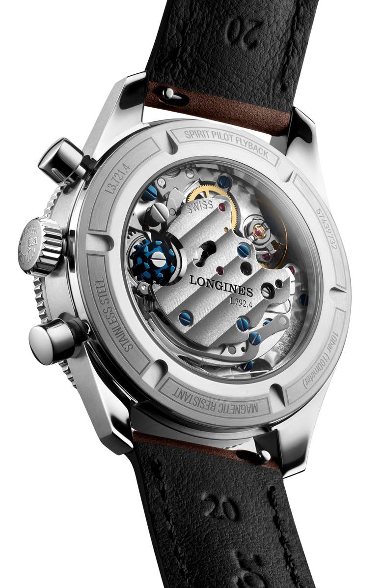 Longines Spirit Pilot Flyback Leather Strap Watch, 39.5mm, Alternate, color, Black