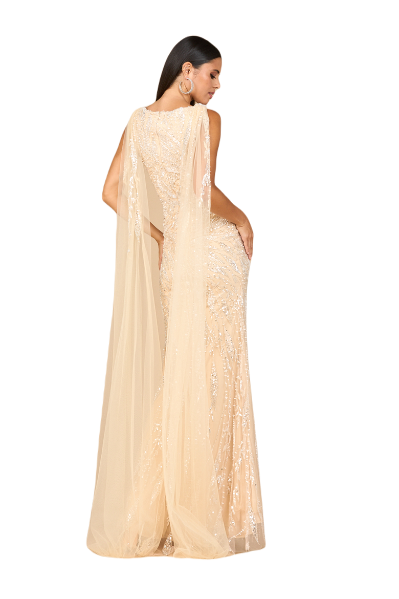 V-Neck Gown with Long Cape Sleeves, Alternate, color, Champagne