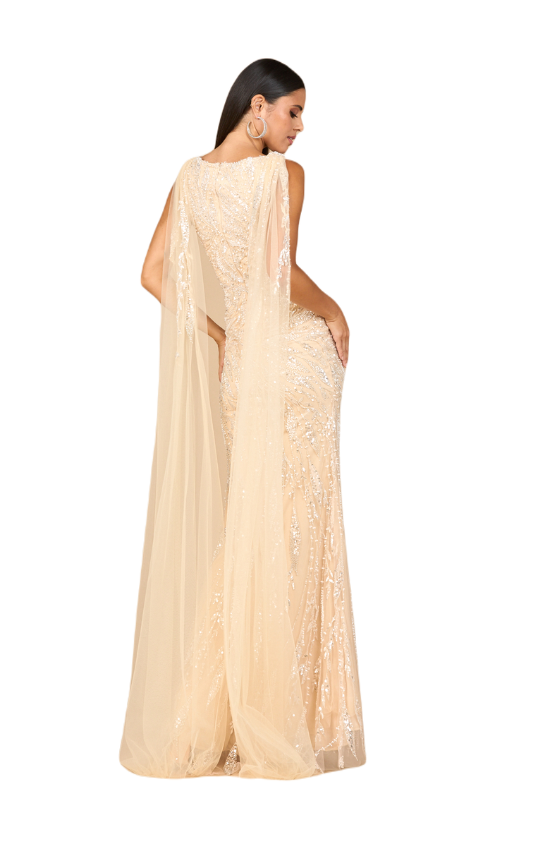 LARA New York V-Neck Gown with Long Cape Sleeves, Alternate, color, Champagne
