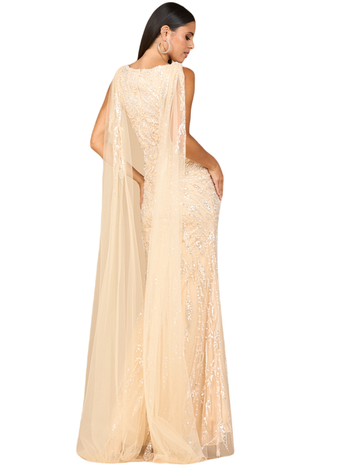 Lara New York V-neck Gown With Long Cape Sleeves In Gold
