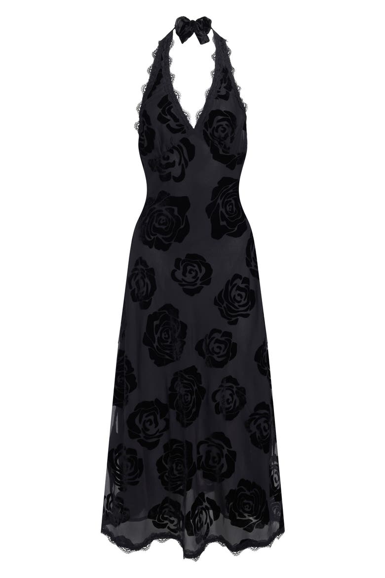Stars Align Burnout Lace Halter Midi Dress, Alternate, color, BURNT NOIR ROSE