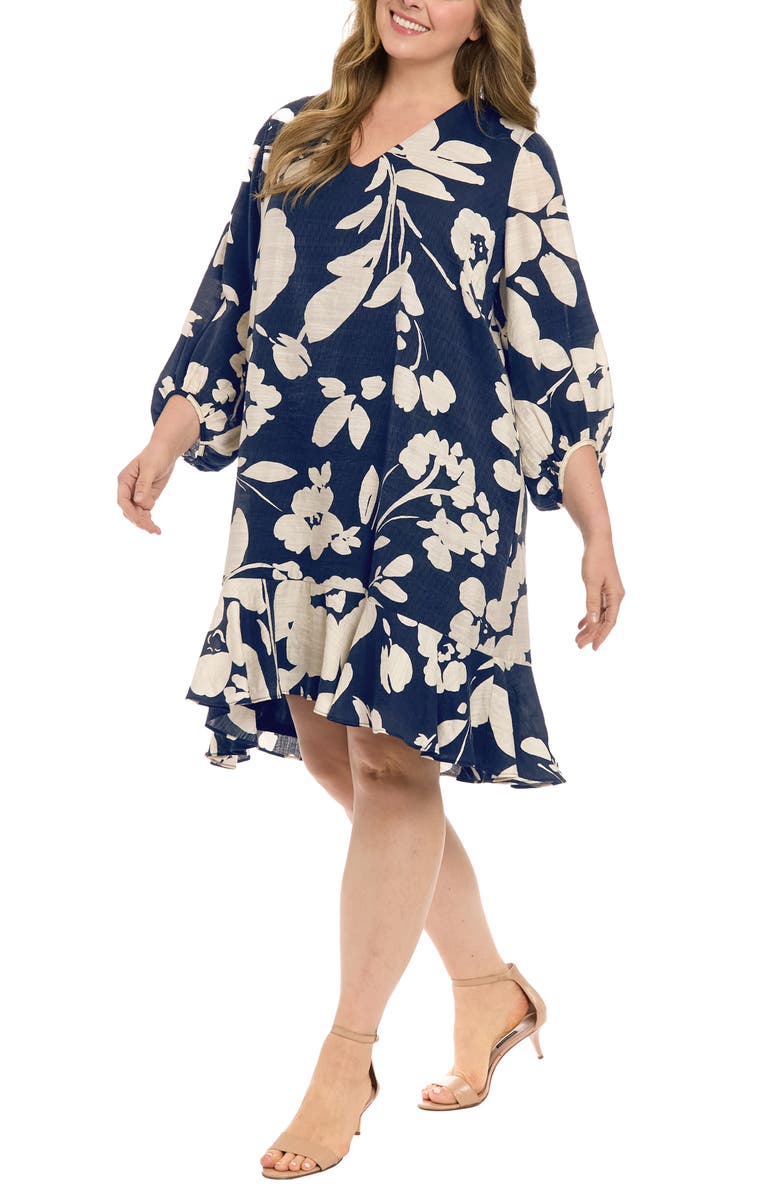 London Times Floral Print Ruffled High-Low Shift Dress, Alternate, color, 