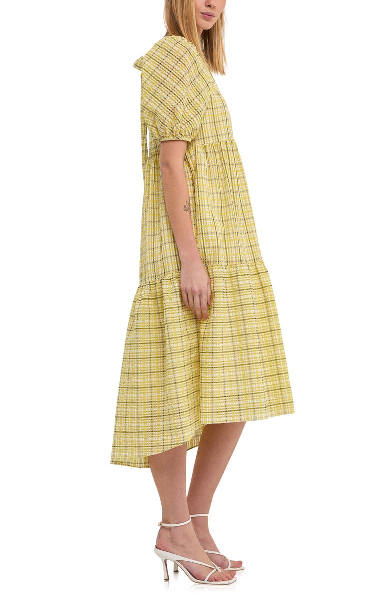 English Factory Plaid Tiered Ruffle Cotton Blend Dress, Alternate, color, Lime