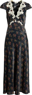 DÔEN Coraline Lace Detail Floral Satin Maxi Dress