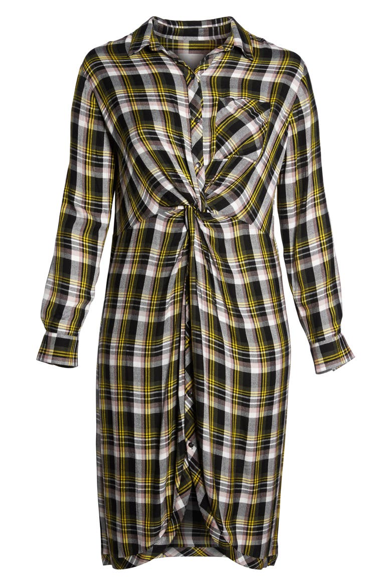 Knot Front Plaid Shirtdress, Alternate, color, BLACK- YELLOW ADELE PLAID